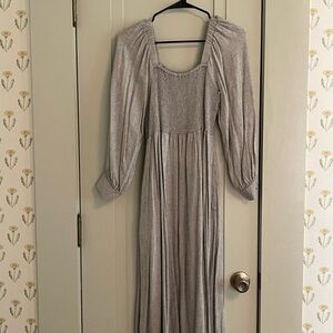 Madewell Grey Pleated Dress with Bishop Sleeves and Square Neckline